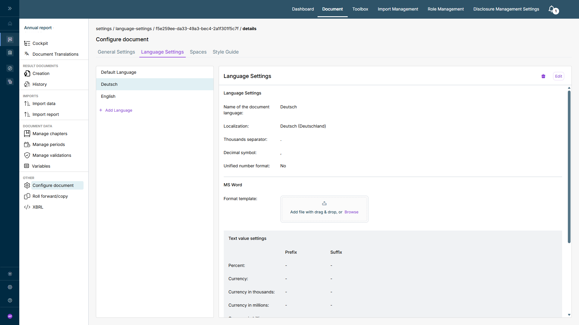 The 'Language Settings' tab in the 'Configure document' workspace