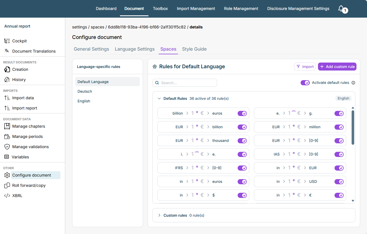 The 'Spaces' tab in the 'Configure document' workspace