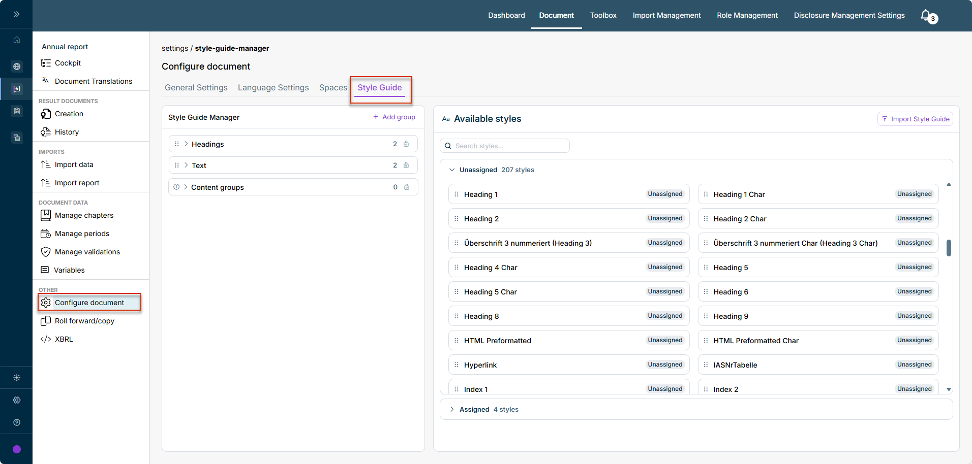 The 'Style Guide' tab in the 'Configure document' work area