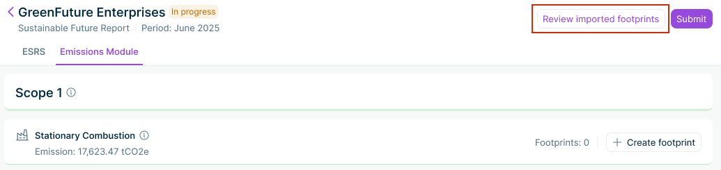 The button to access the footprint suggestions generated by the ESG Emission Agent is highlighted in red.