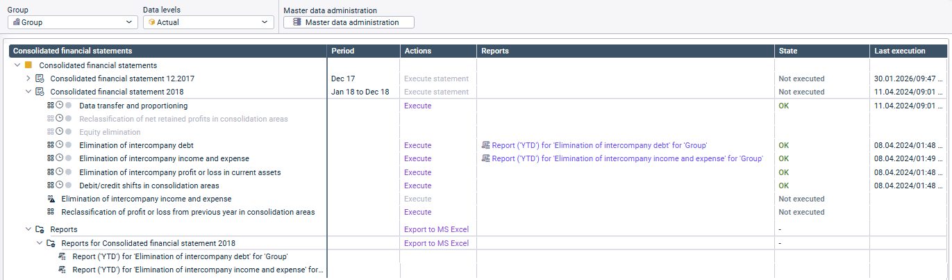 Shows the overview table in the ‘Consolidated financial statements’ workspace