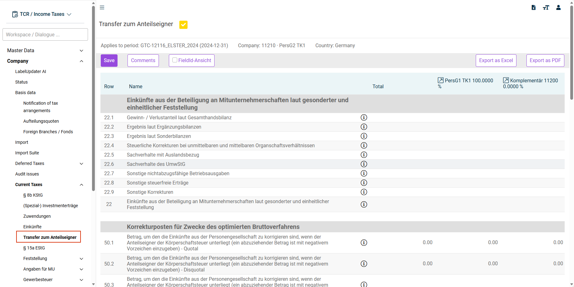 'Transfer zum Anteilseigner' (Transfer to Shareholder/Partner) workspace