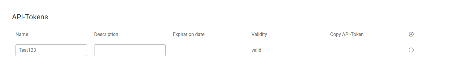 The 'API-Tokens' area with the input fields