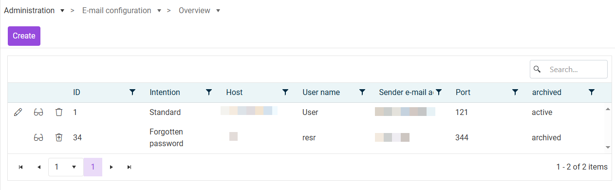 'E-mail configuration' workspace