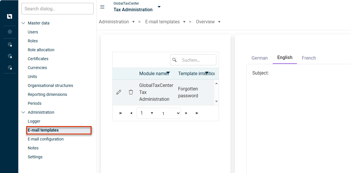 'E-mail templates' workspace