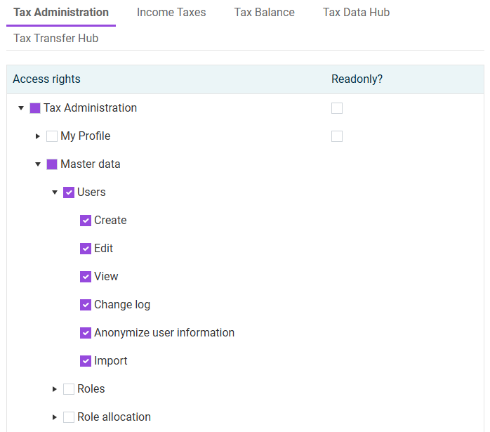 Example of role configuration for 'Tax Administration'