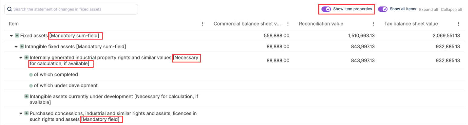 Shows a section of the fixed asset schedule. The option Show item properties and the resulting item properties displayed next to the items are highlighted in red.