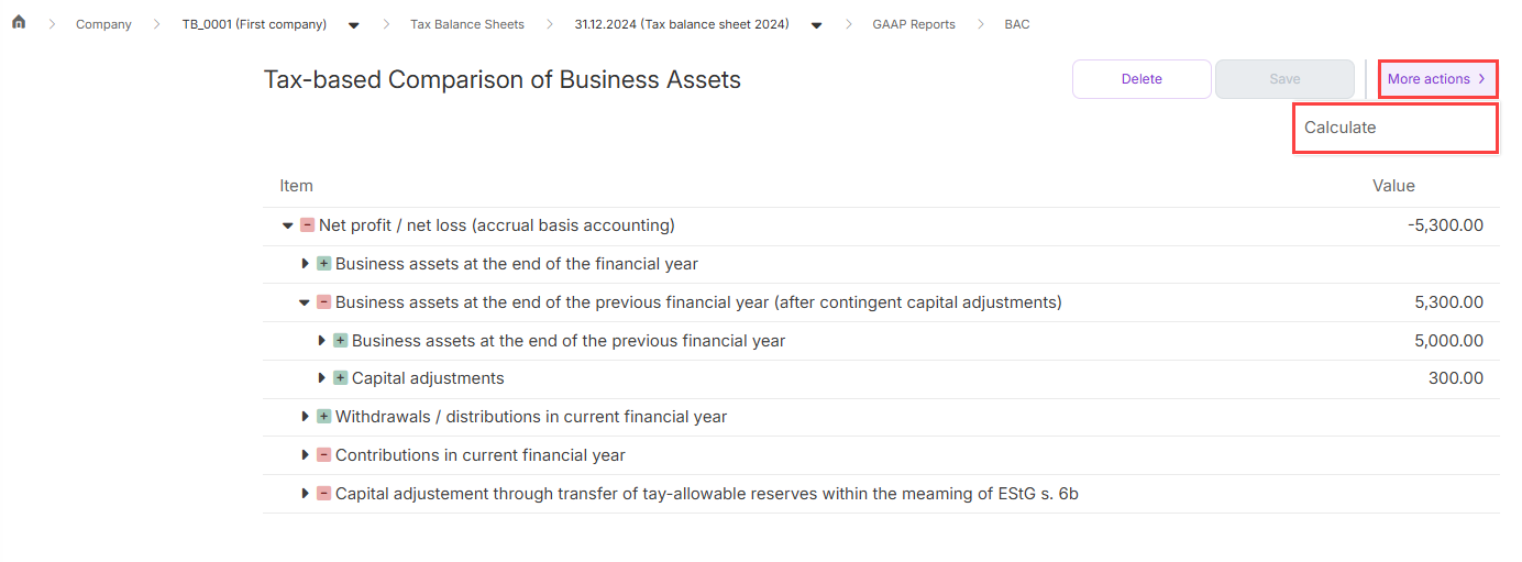 Calculating business asset comparison