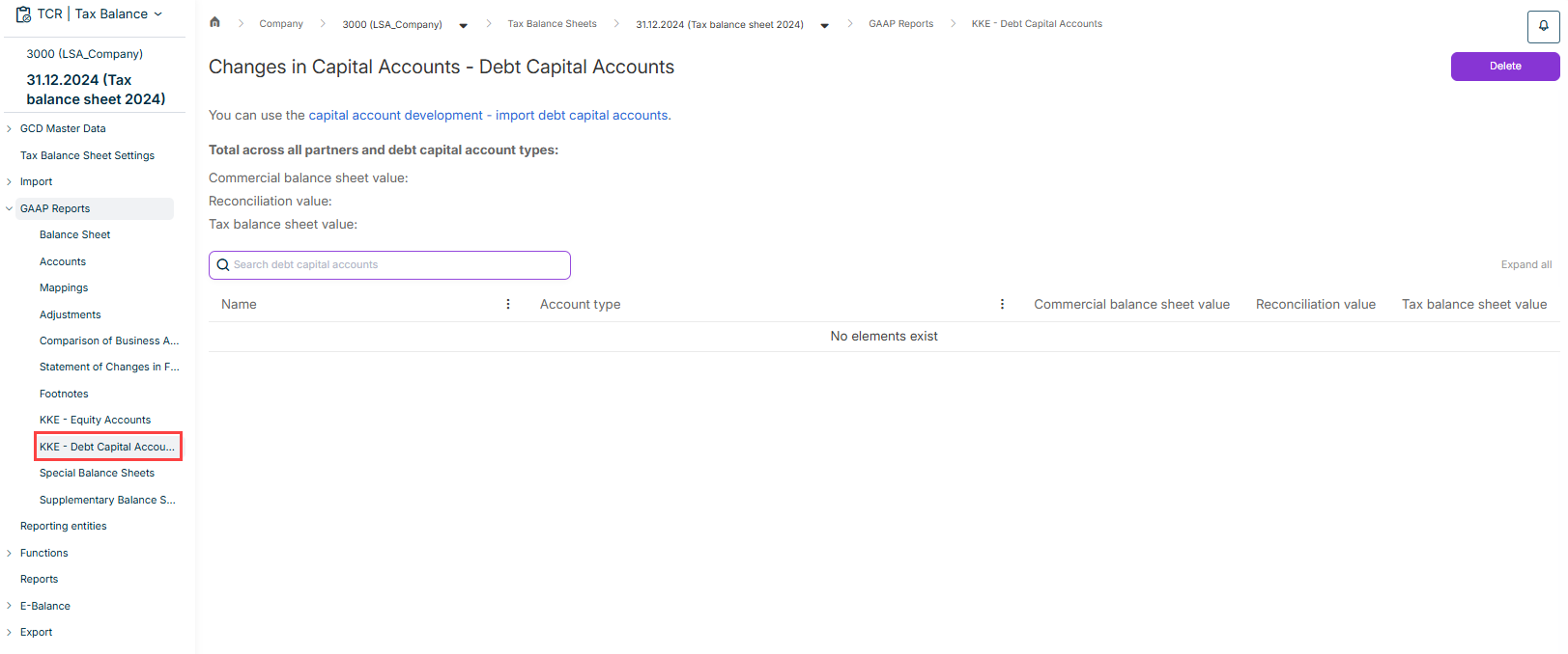 Editing the values of a debt capital account