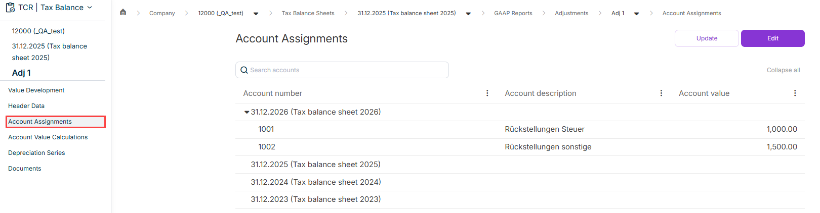 Shows the Account assignments section for an adjustment.