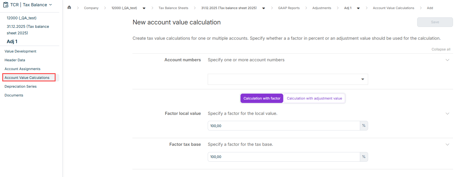 Shows the New account value calculation dialog.
