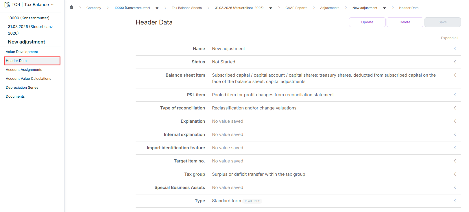 Shows the Header data section for an adjustment.