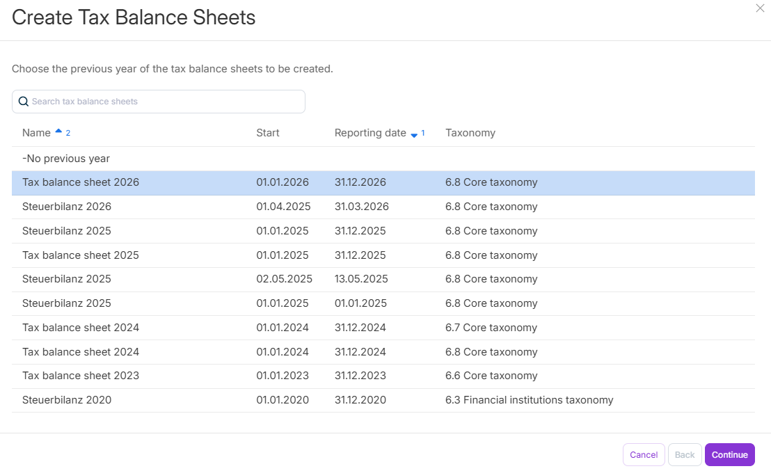 Step 1 in the 'Create Tax Balance Sheets' dialog