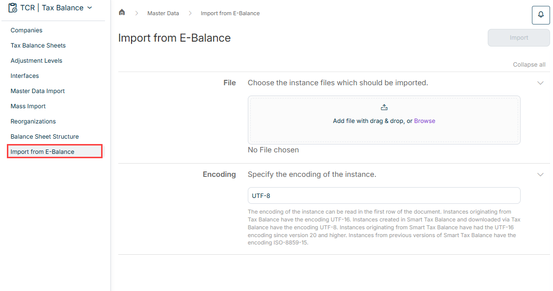 Shows the 'Import from E-Balance' workspace