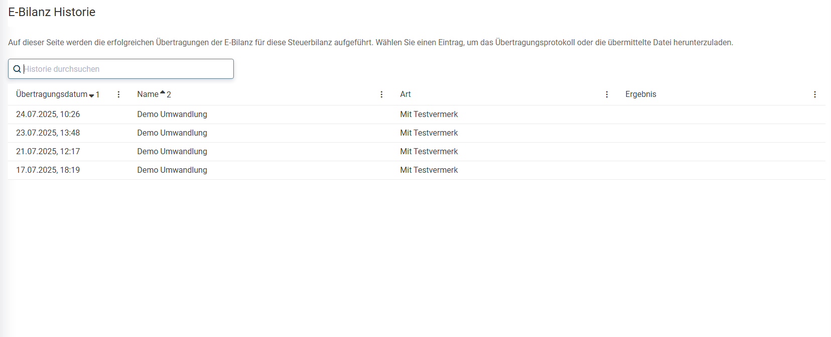 History of transmitted e-balance sheets