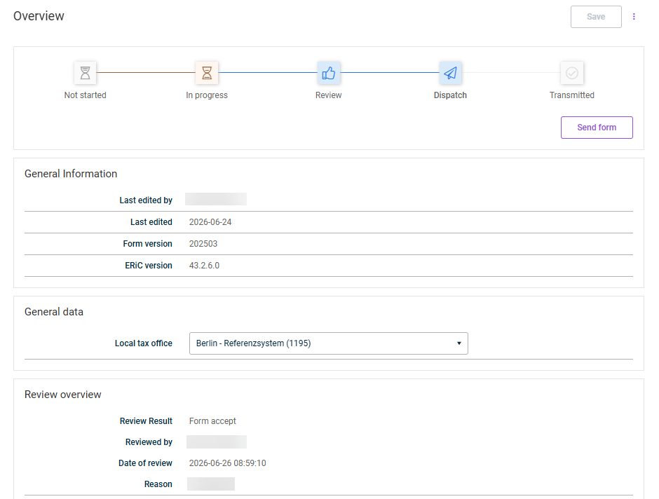 The form overview with general information, processing step, and review overview.
