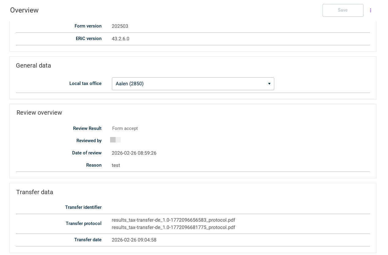 This shows the transmission results in the form overview.
