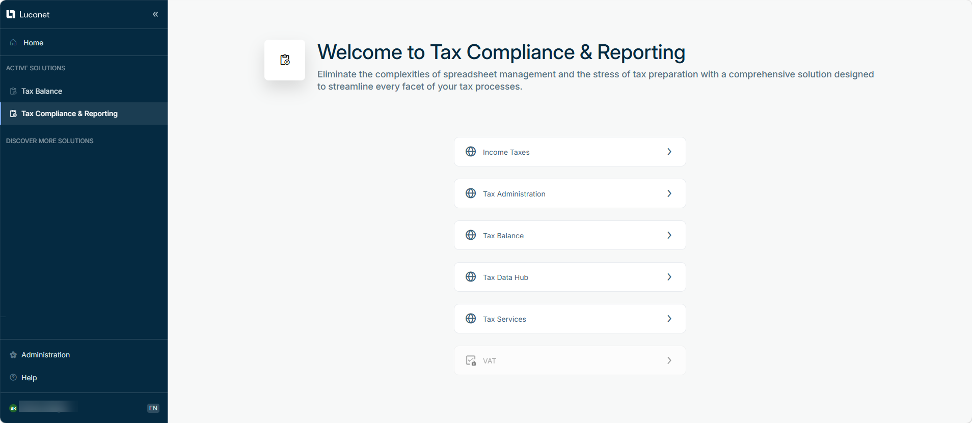 This is the 'Tax Compliance & Reporting' landing page