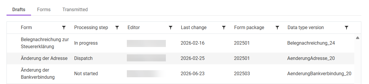 Shows the 'Drafts' tab.