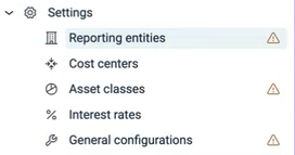 A warning icon appears next to Asset classes until at least one asset class exists.