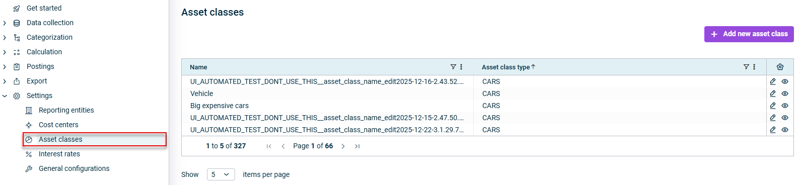 Displays the 'Asset classes' workspace