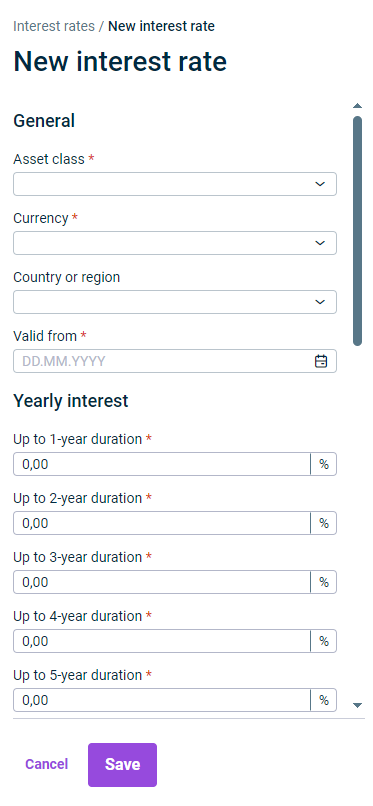 Displays the configuration fields of the 'New interest rate' dialog.