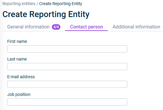 The tab for entering contact person for a reporting entity is displayed.