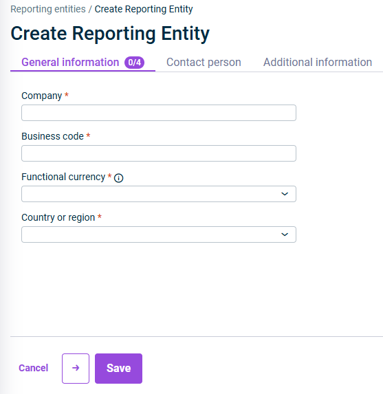 The tab for entering general information for a reporting entity is displayed.