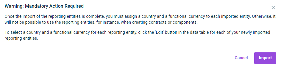 Shows the warning that appears when reporting entities are imported.