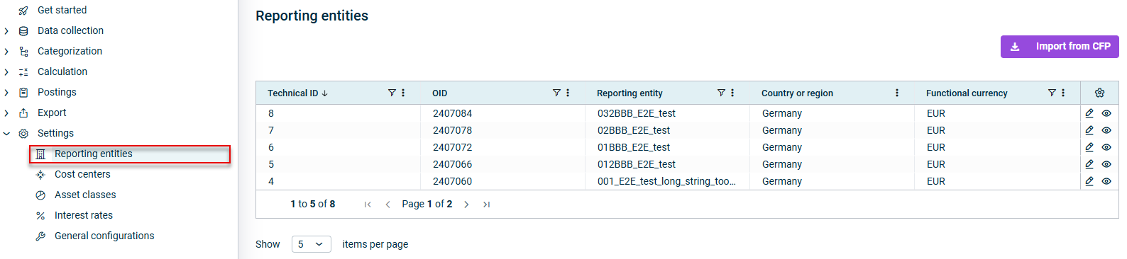 Displays the 'Reporting entities' workspace
