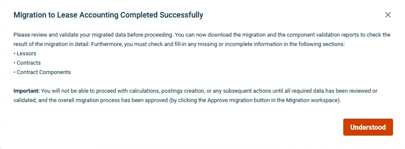 A dialog confirming that the migration has been completed successfully is displayed.