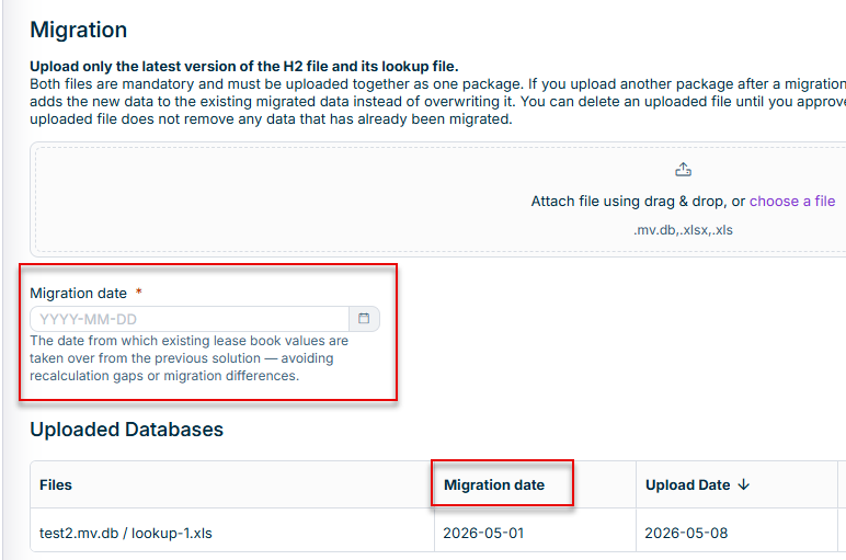 Migration date in the 'Migration' workspace is displayed.