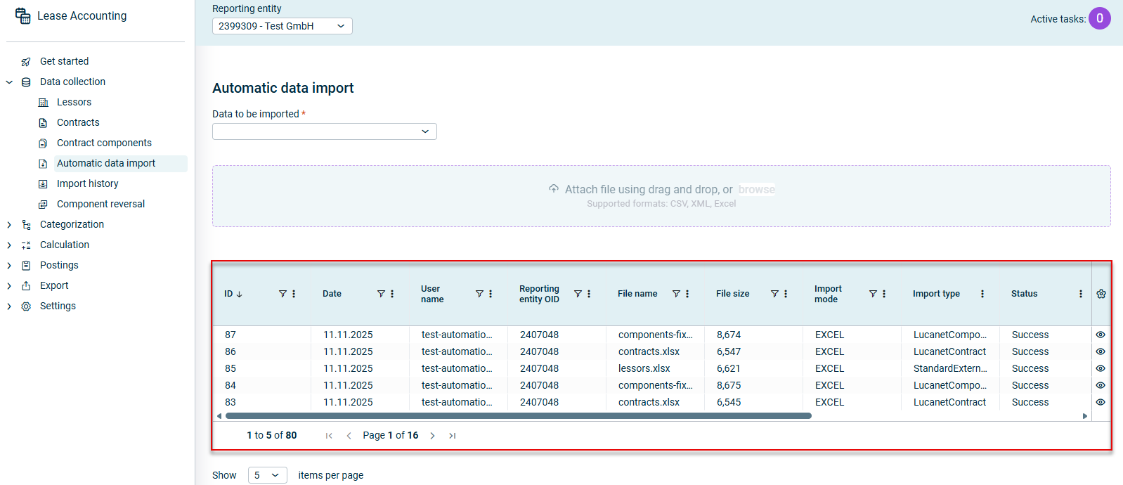 The 'Automatic data import' workspace is displayed. The overview table is outlined in red.
