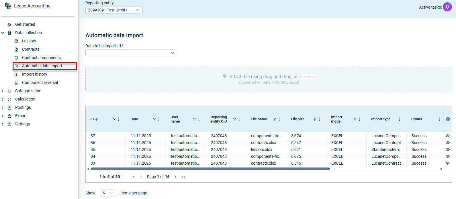 Displays the 'Automatic data import' workspace