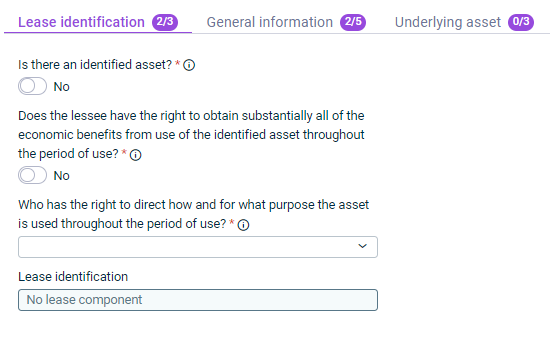 Shows the 'Leasing identification' tab, which is displayed for the configuration of a contract component.