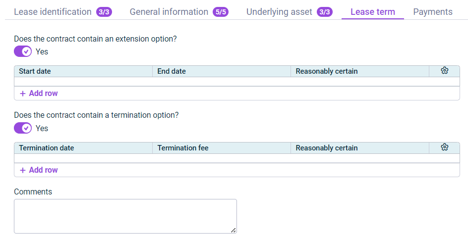 Displays the input fields for configuring the term of a lease component.