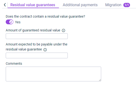 Shows the 'Residual value guarantees' tab, which is displayed for the configuration of a lease component.