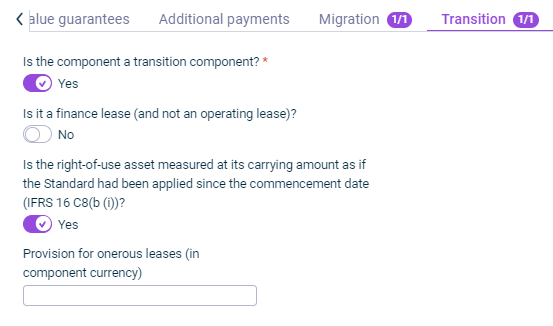 Shows the 'Transition' tab, which is displayed for the configuration of a lease component.