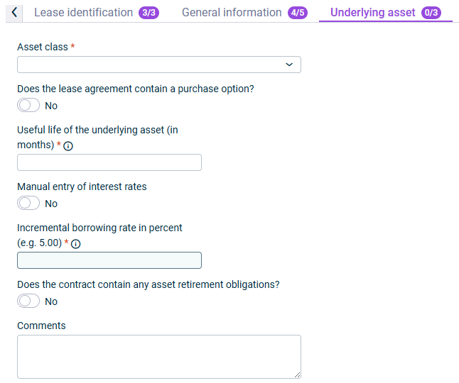 Displays the 'Underlying asset' tab, which is displayed for the configuration of a contract component.
