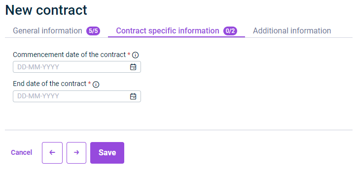 Shows the input fields for configuring the contract-specific information