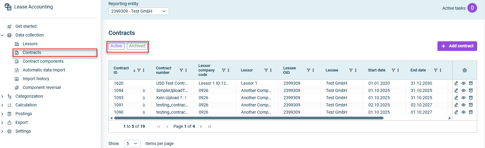 Displays the 'Contracts' workspace