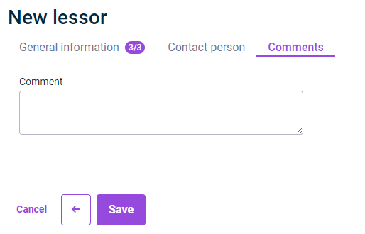 Shows the 'Comments' tab that is displayed for the configuration of a lessor.