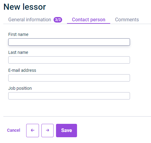 Shows the 'Contact Person' tab that is displayed for the configuration of a lessor.