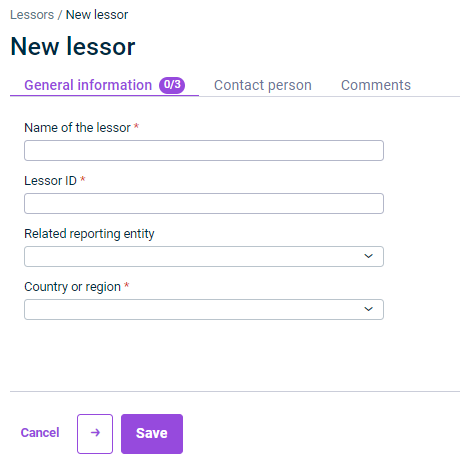 Displayed is the 'General Information' tab that appears when configuring a lessor.