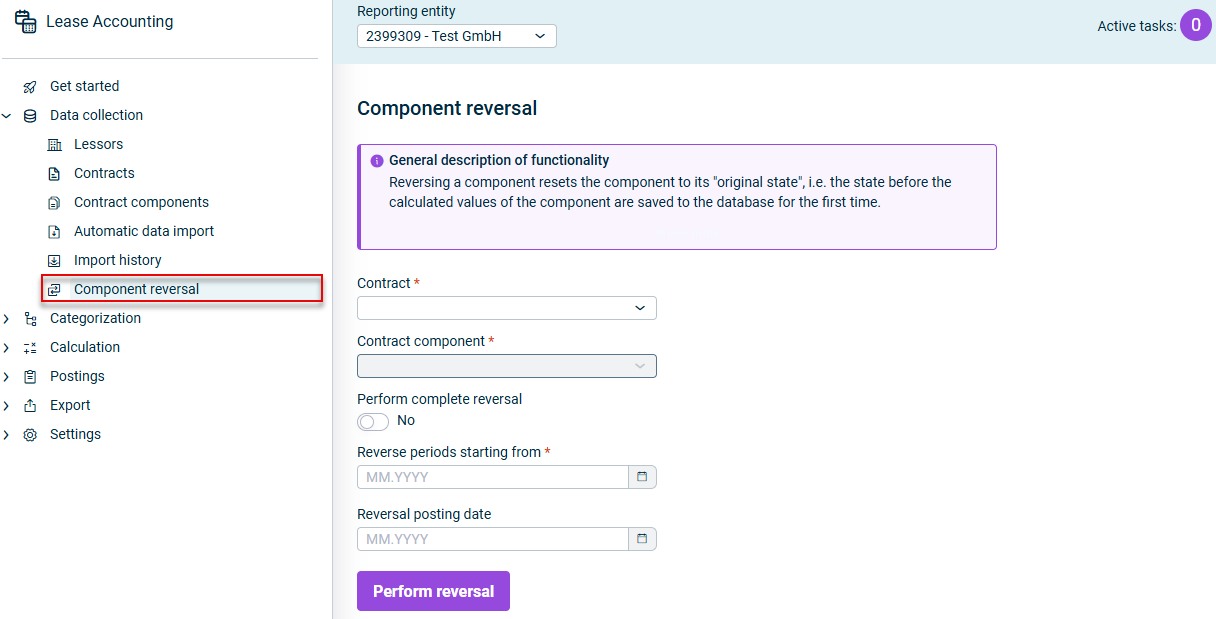Displays the 'Component reversal' workspace
