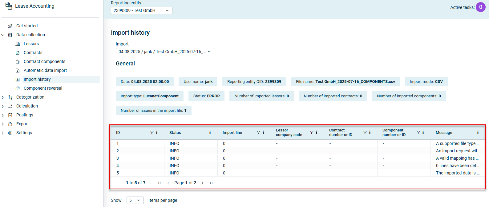 The 'Import history' workspace with the selected import is displayed. The overview table is outlined in red.
