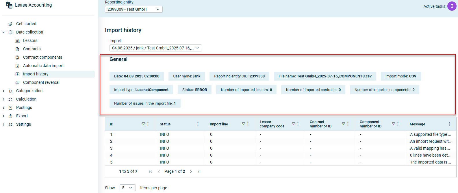 The 'Import history' workspace with the selected import is displayed. The general details are outlined in red.