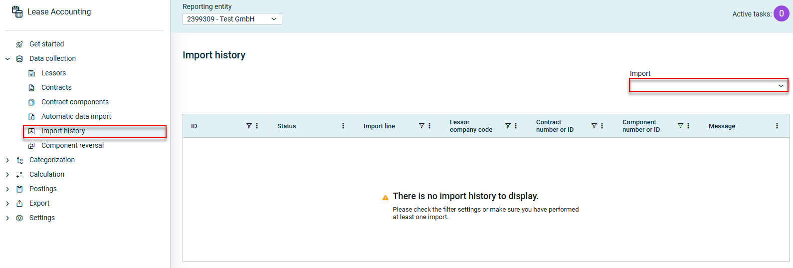 The 'Import history' workspace is displayed. The option to select imports is outlined in red.