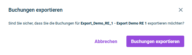 Zeigt den Bestätigungsdialog für den Export von Buchungen mit der Anzahl der Buchungskreise, die in den Export einbezogen werden.