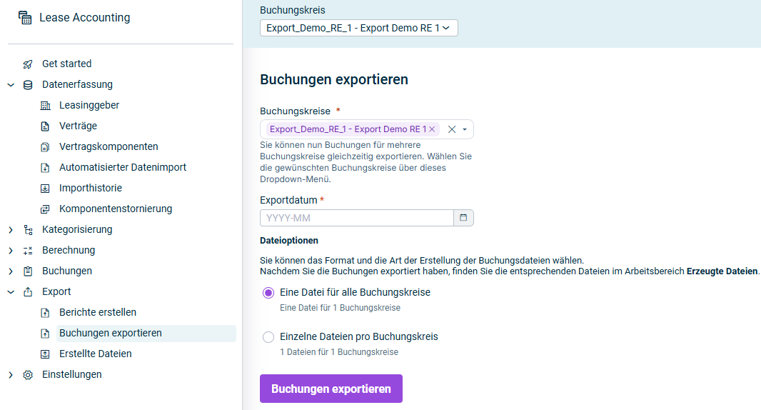Zeigt den Arbeitsbereich Buchungen exportieren mit der Dropdown-Liste Buchungskreise, dem Feld Exportdatum und den Optionen unter Dateioptionen.